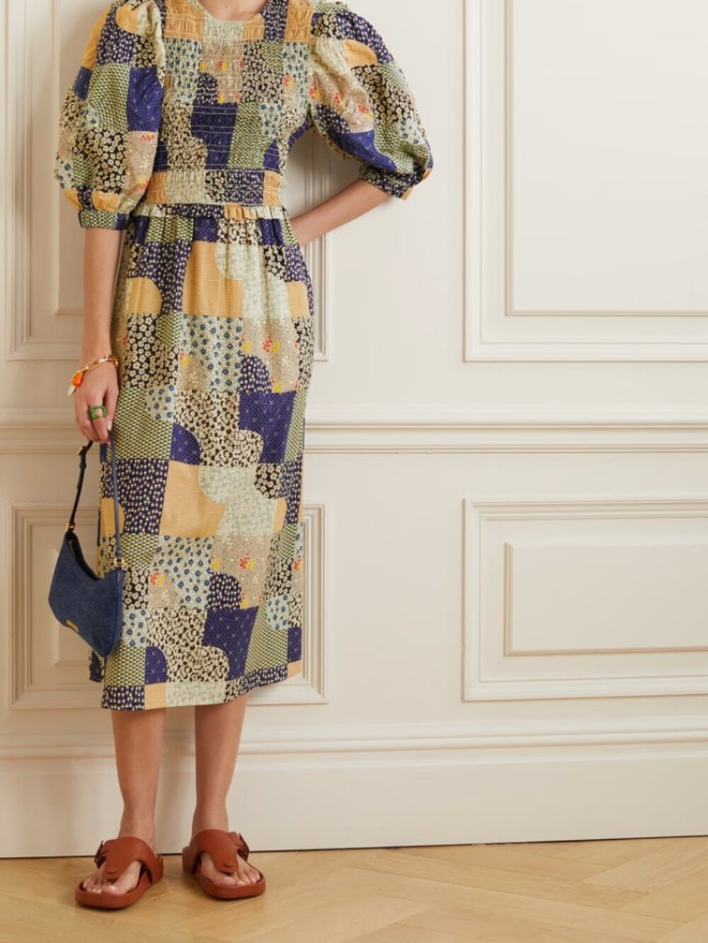 SEA New York Louie Midi Dress Puff sleeve Smocked Cotton Patchwork Cottagecore - Picture 14 of 16